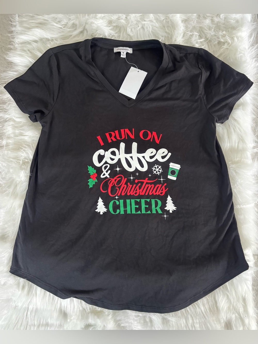 I Run On Coffee & Christmas Cheer Black V-Neck Tee Women’s Medium